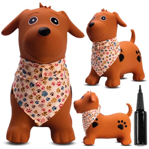 sun baby Hüpftiere ab 1 Jahr mit Pumpe aufblasbares Hüpfspielzeug aus Hochwertigem und Strapazierfähigem Gummi, Verschiedene Designs (Brauner Hund mit Bandana) von sun baby