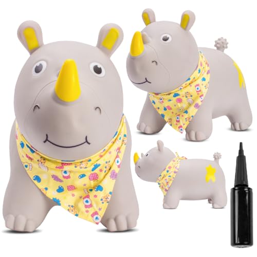 sun baby Hüpftiere ab 1 Jahr mit Pumpe aufblasbares Hüpfspielzeug aus Hochwertigem und Strapazierfähigem Gummi, Verschiedene Designs (Graues Nashorn mit Bandana) von sun baby