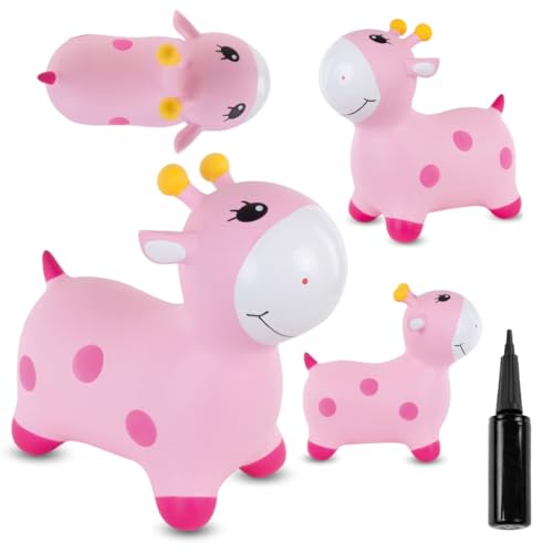 sun baby Hüpftiere ab 1 Jahr mit Pumpe aufblasbares Hüpfspielzeug aus Hochwertigem und Strapazierfähigem Gummi, Verschiedene Designs (Rose Giraffe) von sun baby