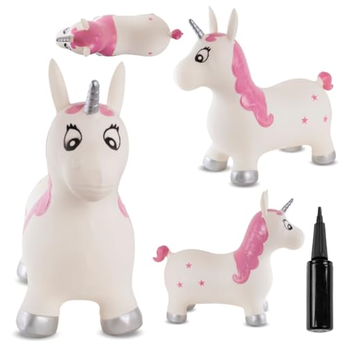 sun baby Hüpftiere ab 1 Jahr mit Pumpe aufblasbares Hüpfspielzeug aus Hochwertigem und Strapazierfähigem Gummi, Verschiedene Designs (Weißes Einhorn) von sun baby