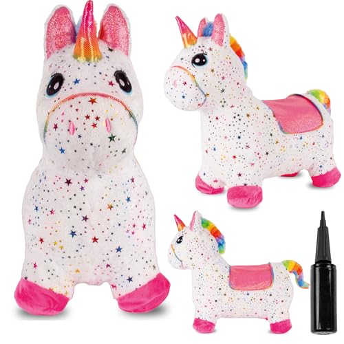 sun baby Hüpftiere ab 1 Jahr mit Pumpe aufblasbares Hüpfspielzeug aus Hochwertigem und Strapazierfähigem Gummi, Verschiedene Designs (Weißes Einhorn mit Sternen) von sun baby