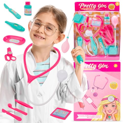 sun baby Kleiner Doktor Set 3+ – 12 Zubehörteile (Stethoskop, Thermometer und mehr), Taschenlampe mit Lichteffekten, Namensschild für die Arztangaben von sun baby