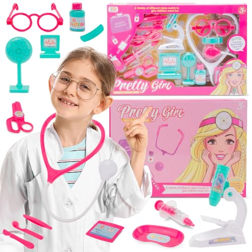 sun baby Kleiner Doktor Set 3+ – 14 Zubehörteile (Stethoskop, Spritze, Brille, Mikroskop und mehr), Namensschild für die Arztangaben von sun baby