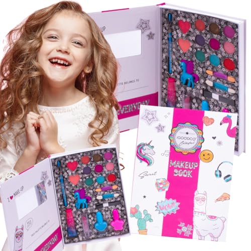 sun baby Make-up-Set für Kinder ab 3 Jahren, Schminkpalette – 9 Lidschatten, Rouge mit Pinsel, Applikatoren, Nagellacke, Lippenstift, Kajalstift, Lipgloss, Pony-Anhänger, Spiegel, Magnetverschluss-Box von sun baby