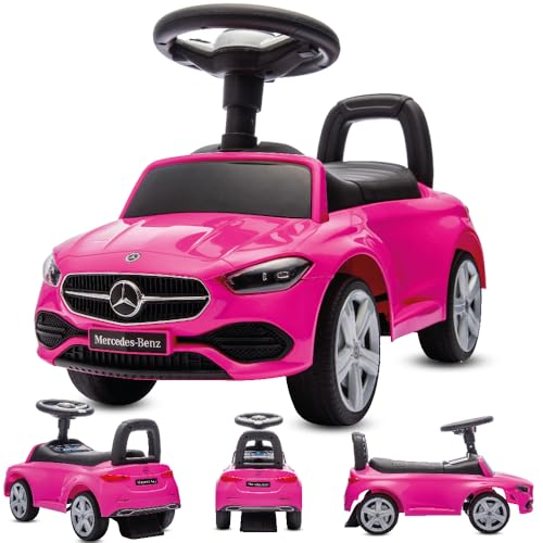 sun baby Rutschauto ab 1 Jahr Mercedes C-Class, Kinderfahrzeug für Jungen und Mädchen mit Audio-Lenkrad, Ablagefach, Kippschutz (Rosa) von sun baby