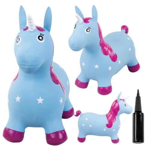 sun baby Hüpftiere ab 1 Jahr mit Pumpe aufblasbares Hüpfspielzeug aus Hochwertigem und Strapazierfähigem Gummi, Verschiedene Designs (Blaues Einhorn) von sun baby