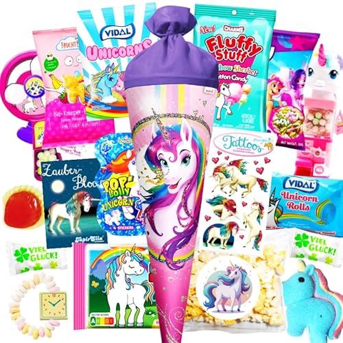 sweets aus aller welt Schultüte Mädchen Einhorn gefüllt - 70 cm Zuckertüte Mädchen mit Inhalt - Schultüten Füllung mit Süßigkeiten & Spielzeug - Schultüte Einhorn von sweets aus aller welt