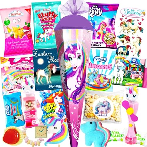 sweets aus aller welt Schultüte Mädchen Einhorn gefüllt - 85 cm Zuckertüte Mädchen mit Inhalt - Schultüten Füllung mit Süßigkeiten & Spielzeug - Schultüte Einhorn von sweets aus aller welt