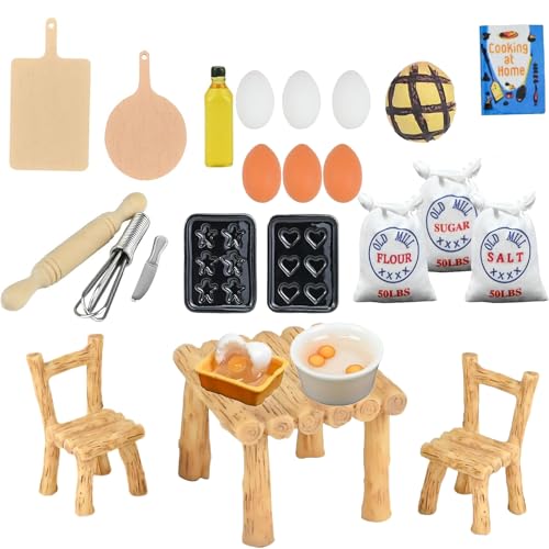 19pcs Miniatur Tisch Küchenmöbel,Miniatur Küche Möbel Backen Zubehör,Puppenhaus Nudelholz Set,Mini Eier,Nudelholz,Mehlsack,Schneebesen, Ölflasche,Tisch und Stühle,Puppenhaus Zubehör Weihnachten von sylbx