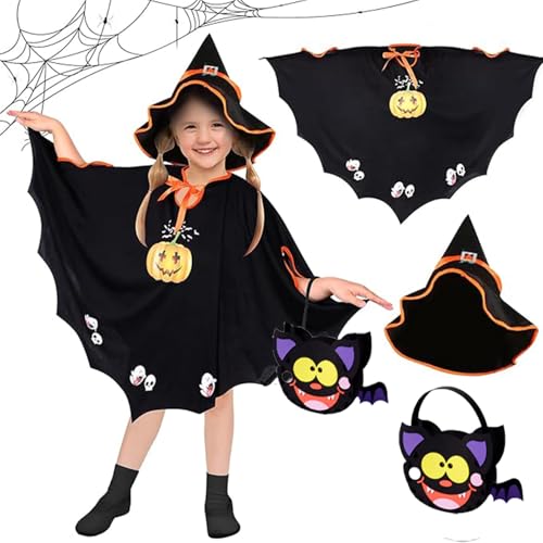 sylbx 3 Stück Halloween Fledermaus Kostüm Kinder,Fledermaus Umhang Kostüm,Halloween Fledermaus Umhang mit Hut,Hexenkostüm Kürbis,Kostüm Fledermaus Kinder,mit 1*Hut,1*Fledermaustaschen-Materialpaket von sylbx