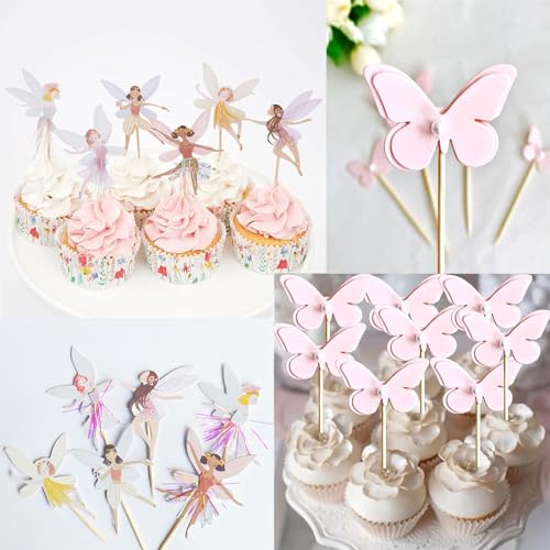 sylbx 58 Stück Fee Cupcake Topper,Cupcake Topper Fee,Schmetterling Birthday Kuchen Topper,Schmetterlinge Topper Tortendeko,Cupcake Picks Fee für Kindergeburtstag Party Babyparty Dekoration von sylbx