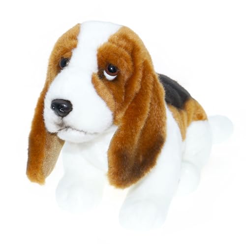 tachi Sitzender Plüschtier Hund, Basset Jagdhund, Kuscheltier, weiß braun, Stofftier 32 cm von tachi