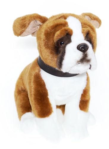 tachi Sitzender Plüschtier Hund, Kuscheltier Boxer weiß braun, Stofftier mit Halsband 27 cm von tachi