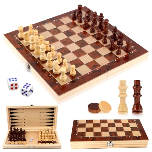 talifoca Schachspiel aus Holz, 3 in 1 Schachbrett Schachspiel, Tragbares und Faltbares Chess Board Set, Faltbares Schach Brett Set für Kinder Erwachsene Party Reisen - 29x29cm von talifoca