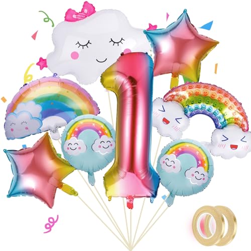10 Stück Regenbogen-Mädchen-Ballon Set, Regenbogen Geburtstagsdeko 1 mit Wolkenförmige Folienballon, Rainbow cloud balloon, Wolken Luftballons Regenbogen Deko für Mädchen Jungen Geburtstagsparty von taonganui