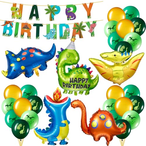 32 Stück Dino Geburtstag Deko Set, XXL Dinosaurier Folienballons mit Happy Birthday Girlande, Luftballons Grün, Dino Deko Kindergeburtstag Junge, Dino Party Deko Mottoparty Dekoration Set von taonganui