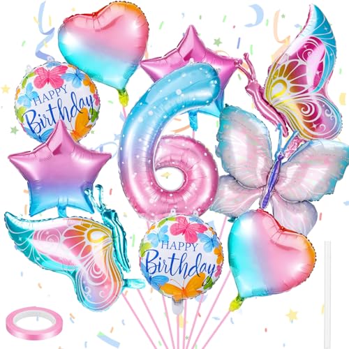 taonganui 6 Jahre Schmetterlinge Geburtstags Deko, Bunt Schmetterling Luftballons 6 Jahre Mädchen, Schmetterlinge Folienballon für Geburtstag Mädchen Deko Schmetterling Themen Party von taonganui