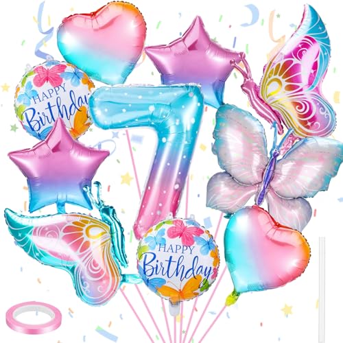 taonganui 7 Jahre Schmetterlinge Geburtstags Deko, Bunt Schmetterling Luftballons 7 Jahre Mädchen, Schmetterlinge Folienballon für Geburtstag Mädchen Deko Schmetterling Themen Party von taonganui