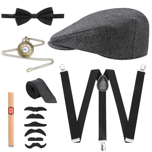 taonganui 20er Jahre Kostüm Herren Accessoires, Peaky Blinders Kostüm Mafia Kostüm Herren Kostüm Party Herren Gangster Hut mit Verstellbar Taschenuhr Fliege für Karneval Fasching Halloween von taonganui