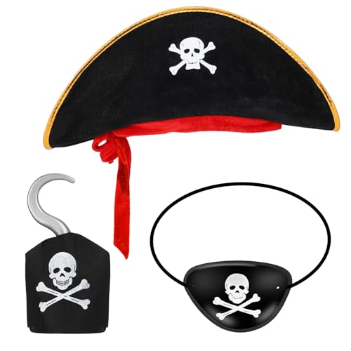 taonganui Piraten Kostüm Zubehör 3-teilig Piratenkostüm Kinder Jungen Piratenhut Cosply Kostüm Augenklappe Piratenhaken Piratenzubehör Set für Karneval Halloween Piraten Party Kostüm Thema von taonganui