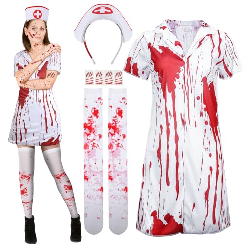 taonganui Zombie Krankenschwester Kostüm Damen, krankenschwester kleid mit Haarreif Strümpfe Tattoos Cosplay Krankenschwester Kostüm für Halloween Karneval Cosplay Party von taonganui