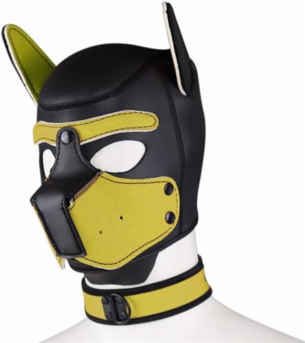 taxekoz Neopren-Welpen-Haubenmaske mit Kragen, abnehmbare Cosplay-Hunde-Vollgesichts-Welpen-Haubenmaske, Halloween-Maske (Gelb, L) von taxekoz