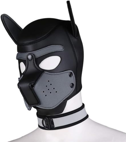 taxekoz Neopren-Welpen-Haubenmaske mit Kragen, abnehmbare Cosplay-Hunde-Vollgesichts-Welpen-Haubenmaske, Halloween-Maske (Grau, XL) von taxekoz