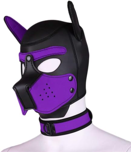 taxekoz Neopren-Welpen-Haubenmaske mit Kragen, abnehmbare Cosplay-Hunde-Vollgesichts-Welpen-Haubenmaske, Halloween-Maske (Lila, XL) von taxekoz