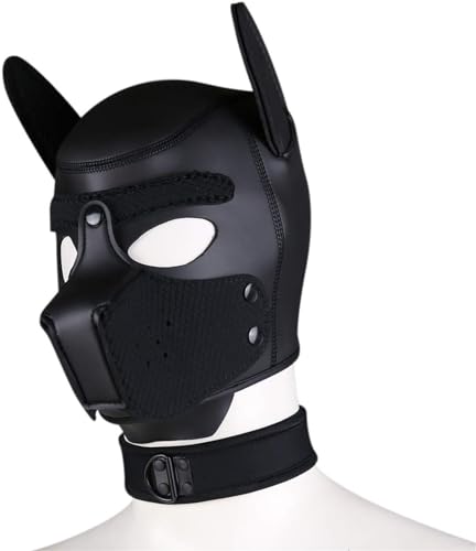 taxekoz Neopren-Welpen-Haubenmaske mit Kragen, abnehmbare Cosplay-Hunde-Vollgesichts-Welpen-Haubenmaske, Halloween-Maske (Schwarz, L) von taxekoz