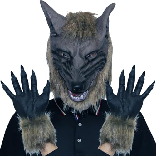 tddouck Handschuhe Wolfkopfmaske Halloween Scary Full Face Werwolf Maske mit Handschuhen für Halloween und Cosplay -Kostümparty Horror Nights Black 1pc von tddouck