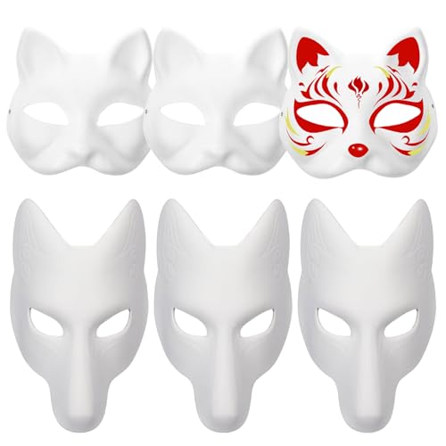 tddouck Kopfschmuck Ork Maske 3 Stücke Katzenmaske und 3 Stück Fuchsmaske, DIY Lackierbar Blindes Katzenmaske Ork mit elastischer Band weiße Tiermaske für Kinder Maskerade Rolle Spielen Halloween von tddouck