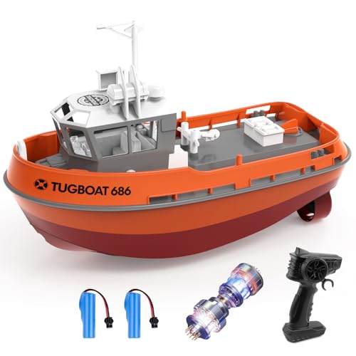 tech rc 1:72 Ferngesteuretes Boot mit 2 Akku(3.7V 600mAh), 2.4Ghz Rc Boot 10km/h 40Mins Laufzeit, Tugboat mit dekorativen Teilen für Kinder für Schwimmbäder und Seen (Orange) von tech rc