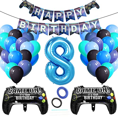 Luftballons Geburtstagsdeko Kinder 8 Jahre, Techextra Videospiel Game Party Kindergeburtstag Dekoration Zubehör Set mit Happy Birthday Banner für 8. Jahr Jungen Ballon Geburstag Deko Jungen von techextra