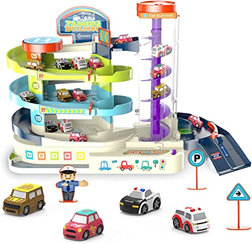 Parkgarage für Kinder, techextra Parkhaus kinderspielzeug ab 3. Jahre, Autogarage Spielzeug Set mit 4 Auto und Musik, Spielzeugauto als Geschenk für Jungen und Mädchen von techextra