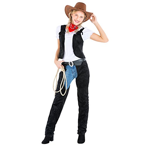 tectake dressforfun Frauenkostüm Cowgirl | Stretch- Shirt + Weste + Chap und Halstuch | Cowboy Sheriff Faschingskostüm (S | Nr. 300559) von tectake