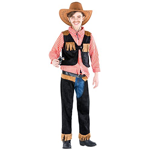 dressforfun Jungenkostüm Cowboy | Kostüm mit Chap- Hose + karriertem Hemd + Weste in Velourslederoptik (10-12 Jahre | Nr. 300539) von tectake