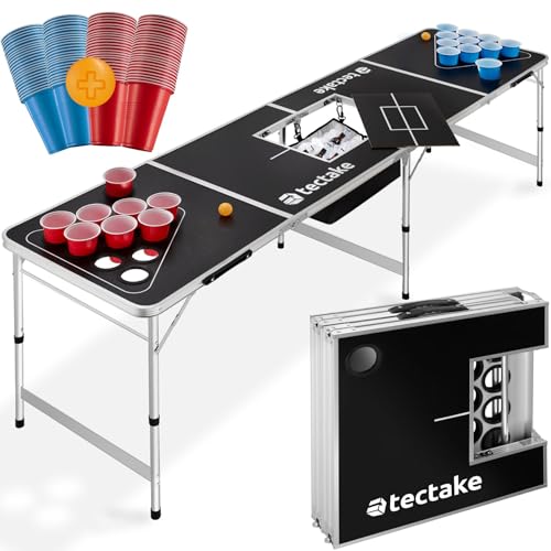 tectake® Bierpong Tisch, inkl. 100 Becher (50 rot & 50 blau) und 6 Bälle, mit Eisfach und Becherhalter, klappbar, höhenverstellbar, Partyspiele für Erwachsene, Trinkspiel Beer Pong von tectake