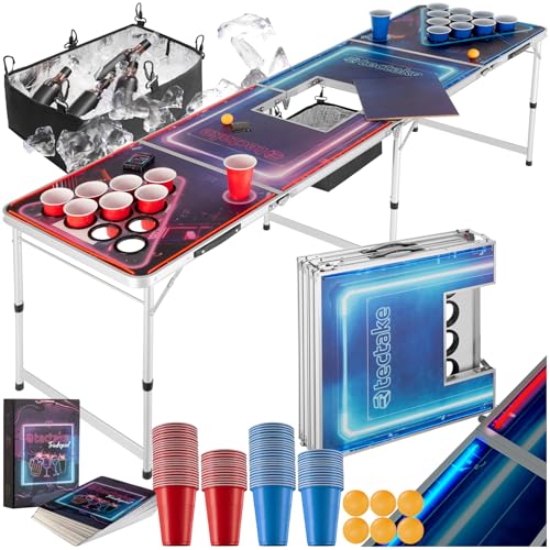 tectake® Bierpong Tisch mit Eiskühler und mit Party Deko LED Beleuchtung, Tisch höhenverstellbar, Klapptisch, Set mit Zubehör, Beerpong Table, 100x Plastikbecher, 6X Bälle und Trinkspiel Kartenspiel von tectake