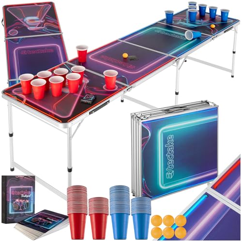 tectake® Bierpong Tisch mit Party Deko LED Beleuchtung, Tisch höhenverstellbar, Klapptisch, Set mit Zubehör, Beerpong Table, 100x Plastikbecher, 6X Bälle und Trinkspiel Kartenspiel von tectake