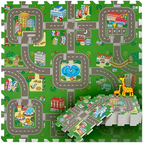 tectake® Puzzlematte Baby XXL, EVA Matte, Spieldecke Baby Junge, Mädchen, Teppichfliese Schaumstoff Matten Stadt und Straßen, für Auto Spiel, sensorische Matte, Spielzeugteppich, Bodenschutzmatte Baby von tectake