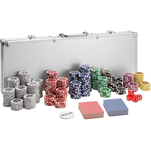 tectake 402559 Pokerkoffer Pokerset mit Laser Pokerchips im Alu Koffer, 500 Chips, inkl. 2 Kartendecks + 5 Würfel + 1 Dealer Button, Silber von tectake