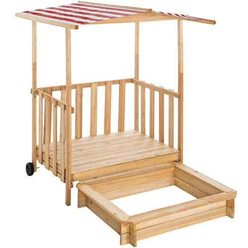 tectake 800792 Sandkasten mit Dach, Spielhaus mit Sandkasten aus Holz, Sandkiste mit Veranda und Geländer, Sandbox mit Abdeckung und Sonnenschutz - Diverse Farben - (Rot | Nr. 403239) von tectake