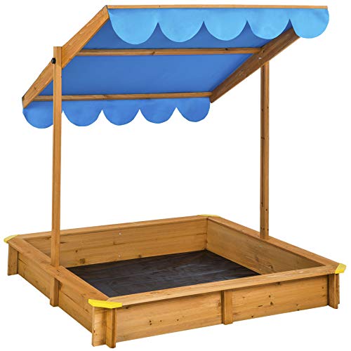 tectake 801084 Sandkasten mit Dach, 120 x 120 x 120 cm, Sandkiste aus Holz mit praktischem Sitzflächenrand, schwenkbares und höhenverstellbares Sonnendach, inkl. Bodenplane (Blau | Nr. 404567) von tectake