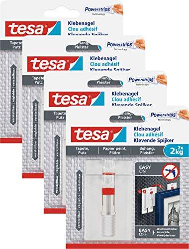 tesa Verstellbarer Klebenagel für Tapeten und Putz/Selbstklebender Nagel von tesa Powerstrips / 8 x 2 kg Halteleistung von tesa