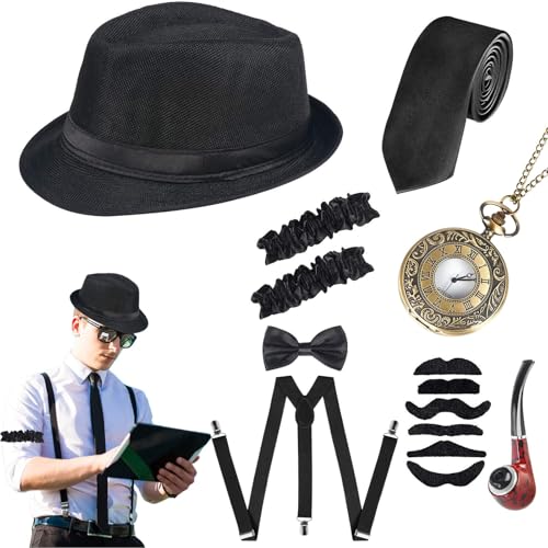 tewoeu 1920er Jahre Herren Kostüm Zubehör Set Herren Prom Party Wear Hut Fliege Krawatte Pfeife Taschenuhr Hosenträger Bart Armband Strumpfgürtel Männer Kostüm Set für Party Cosplay (Schwarz 1) von tewoeu