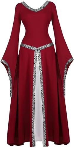 tewoeu Mittelalterliches Kleid Renaissance Kostüm Langes Kleid Irish Over Deluxe Viktorianischen Vintage Cosplay Damen (Weinrot, S) von tewoeu