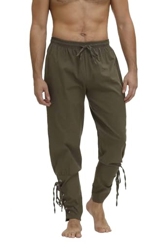 tewoeu Piratenhose für Herren, Mittelalterhose, Knöchel-Bänderhose, Wikinger, Navigator, Renaissance, Cosplay (Armeegrün, Größe 3XL) von tewoeu