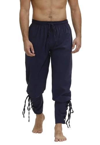 tewoeu Piratenhose für Herren, Mittelalterhose, Knöchel-Bänderhose, Wikinger, Navigator, Renaissance, Cosplay (Dunkelblau, Größe 3XL) von tewoeu