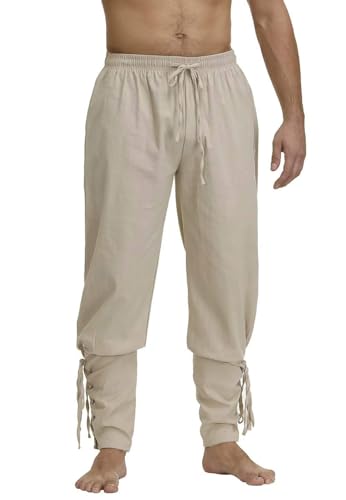 tewoeu Piratenhose für Herren, Mittelalterhose, Knöchel-Bänderhose, Wikinger, Navigator, Renaissance, Cosplay (Khaki, L) von tewoeu