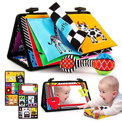 teytoy 3-in-1 Bauchzeit-Spiegel-Spielzeug mit weichem Crinkle 3D-Aktivitätsbuch, Beißringe, Rassel, kontrastreiches Schwarz-Weiß-Montessori-Baby-Krabbelspielzeug, neugeborenes sensorisches Spielzeug von teytoy